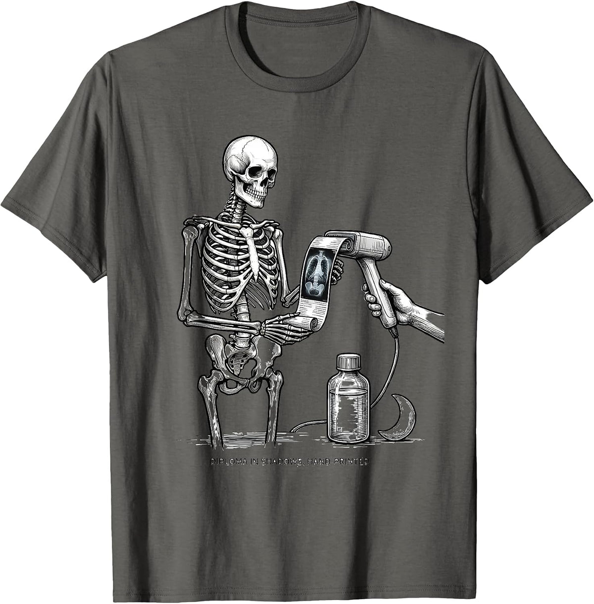 Men's Diploma In Shadows Hand-Printed Radiology Tech Halloween T-Shirt - Asphalt Grey