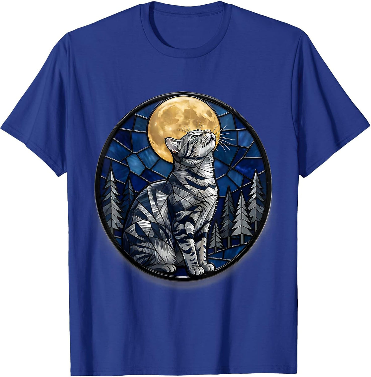Grey Tabby Cat Howling at Moon Stained Glass 90's Retro T-Shirt - Royal Blue