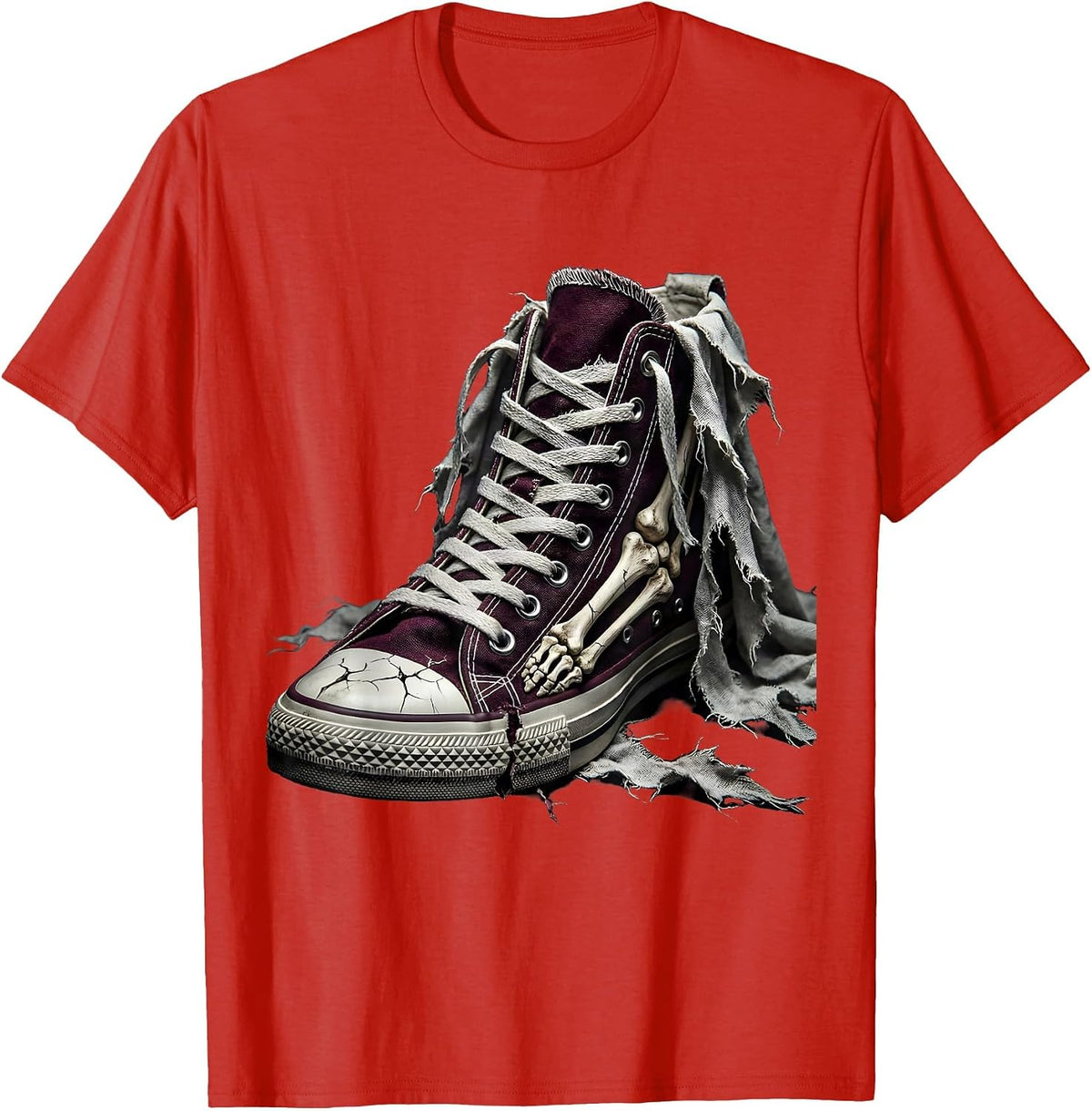 Men's Punk Ripped Sneaker Exposed Toe Bones Graphic T-Shirt - Red
