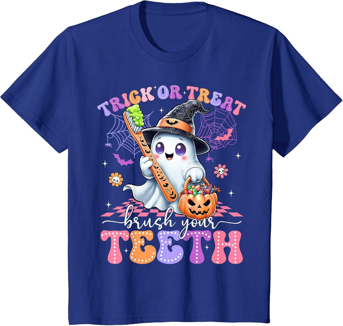 Retro Halloween Trick Or Treat Brush Your Teeth Cute Dentist T-Shirt - Royal Blue