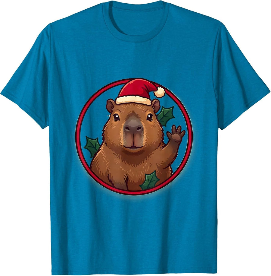 Cute Capybara Santa Hat Christmas Animal Lover T-Shirt - Sapphire Blue