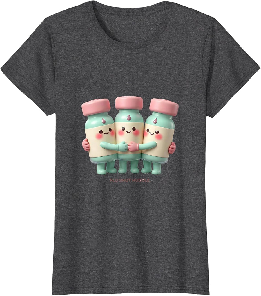 Women's Flu Shot Huddle Cute Nurse Doctor Vaccine Humor T-Shirt - Dark Heather Grey