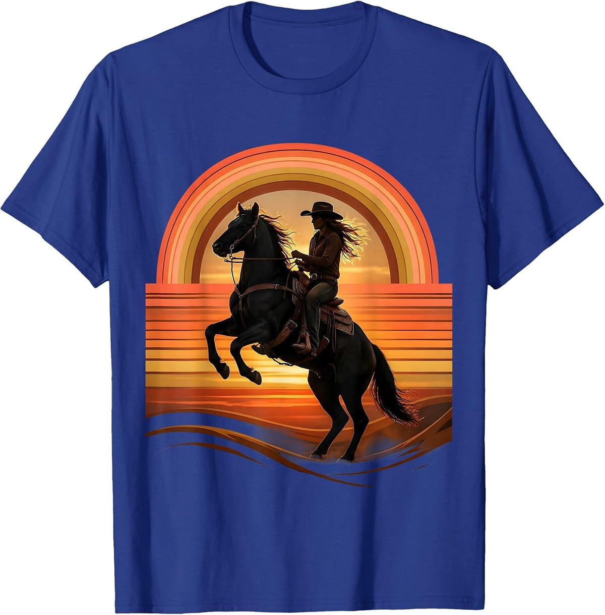 Black Cowgirl Rearing Horse Dusk Western Art T-Shirt - Royal Blue