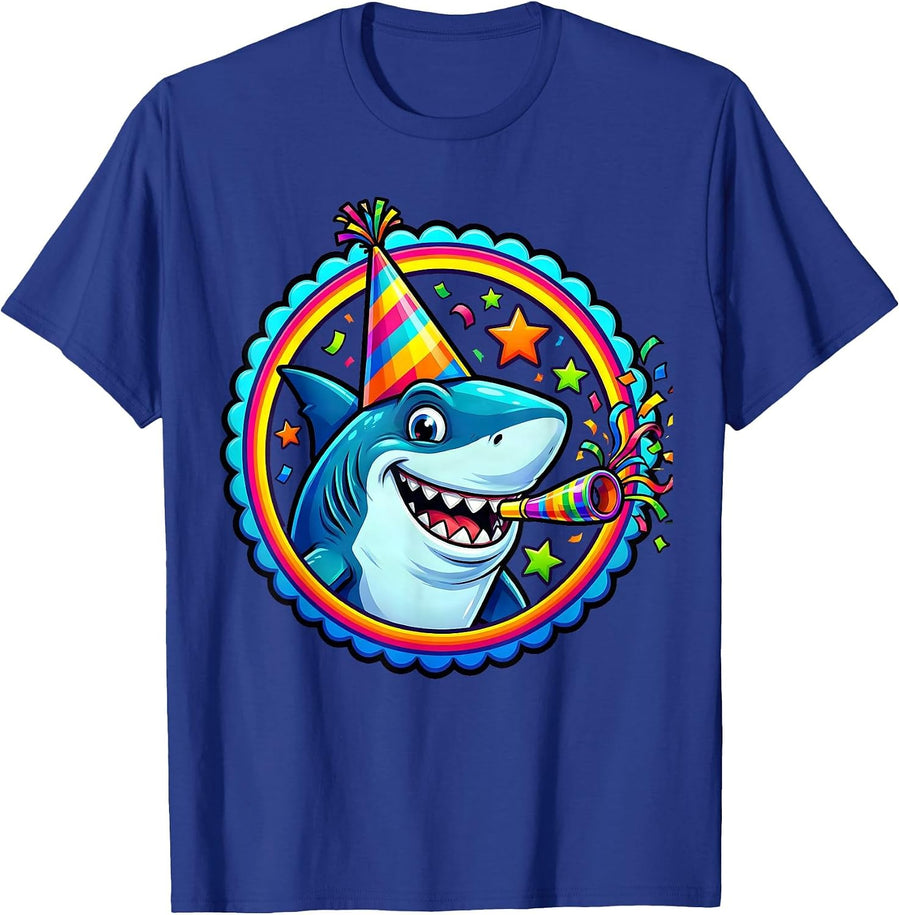5th Birthday Shark Party Hat Noisemaker Design T-Shirt - Royal Blue