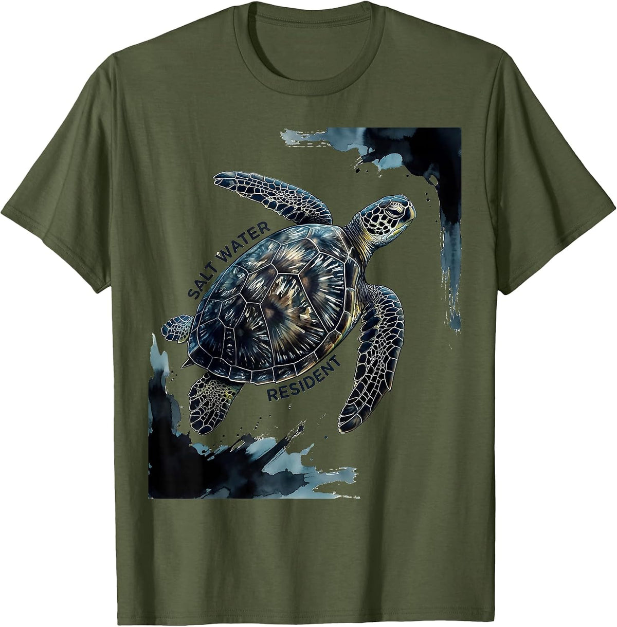 Men's Salt Water Resident Ink Brush Sea Turtle Tropical Souvenir T-Shirt - Olive Green
