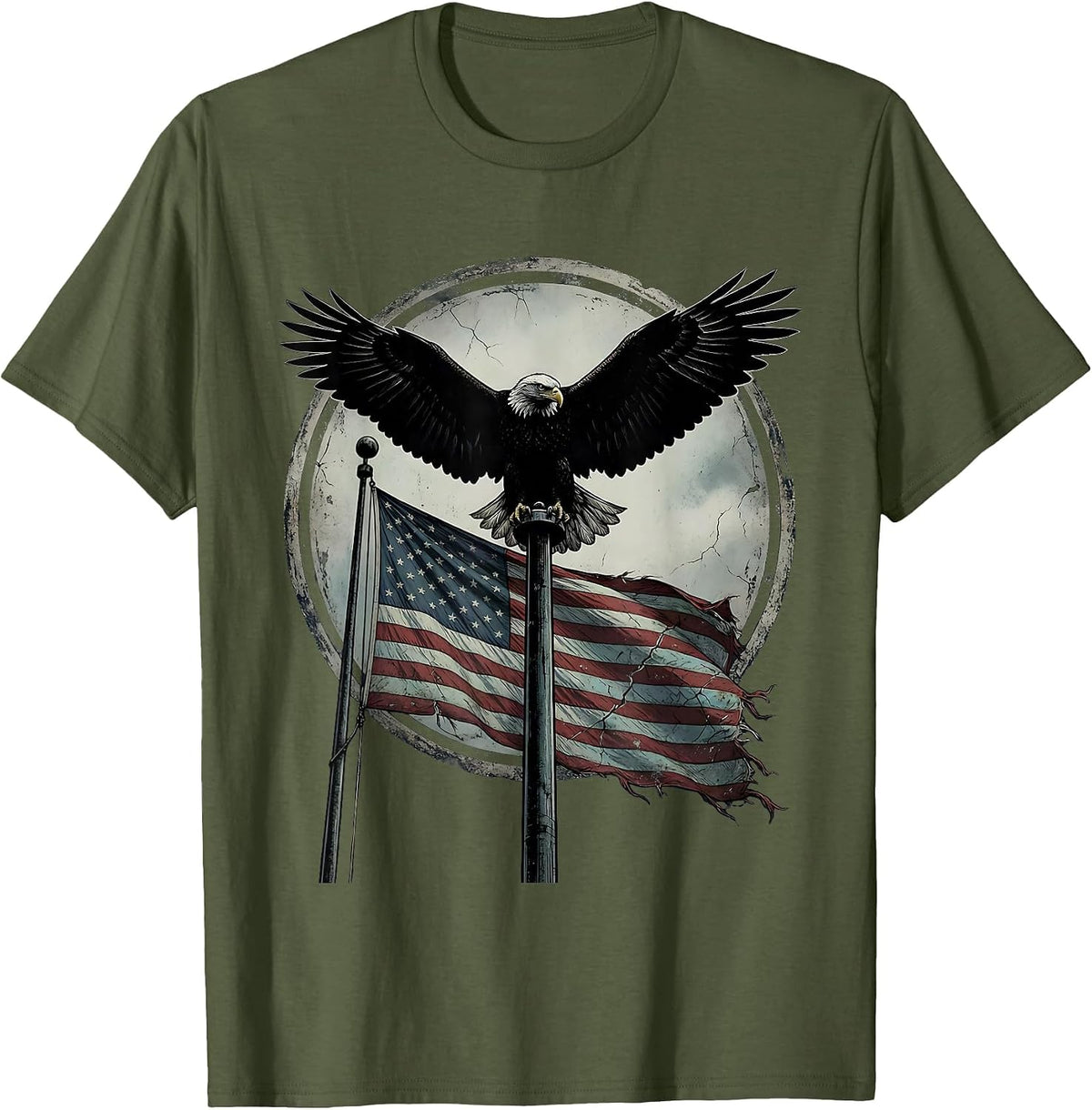 Eagle Atop Flagpole Patriotic Graphic Design T-Shirt - Olive Green