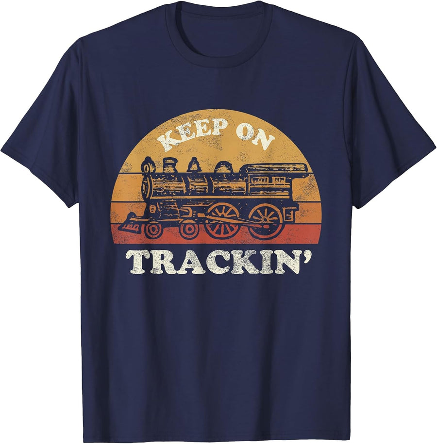 Keep on Trackin' | Funny Retro Vintage Train T-Shirt - Navy Blue