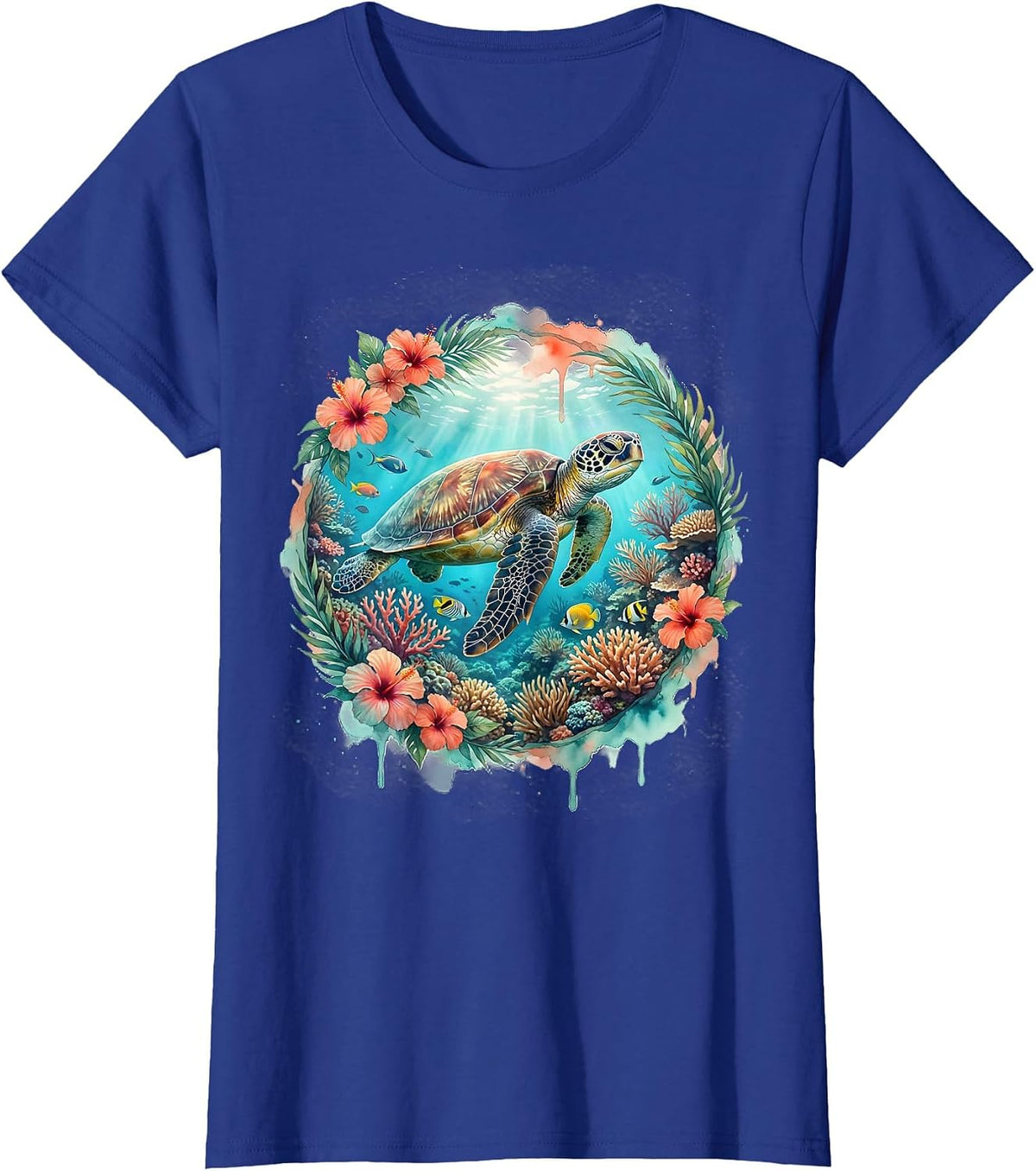 Women's Sea Turtle Coral Reef Hawaiian Ocean Design T-Shirt - Royal Blue