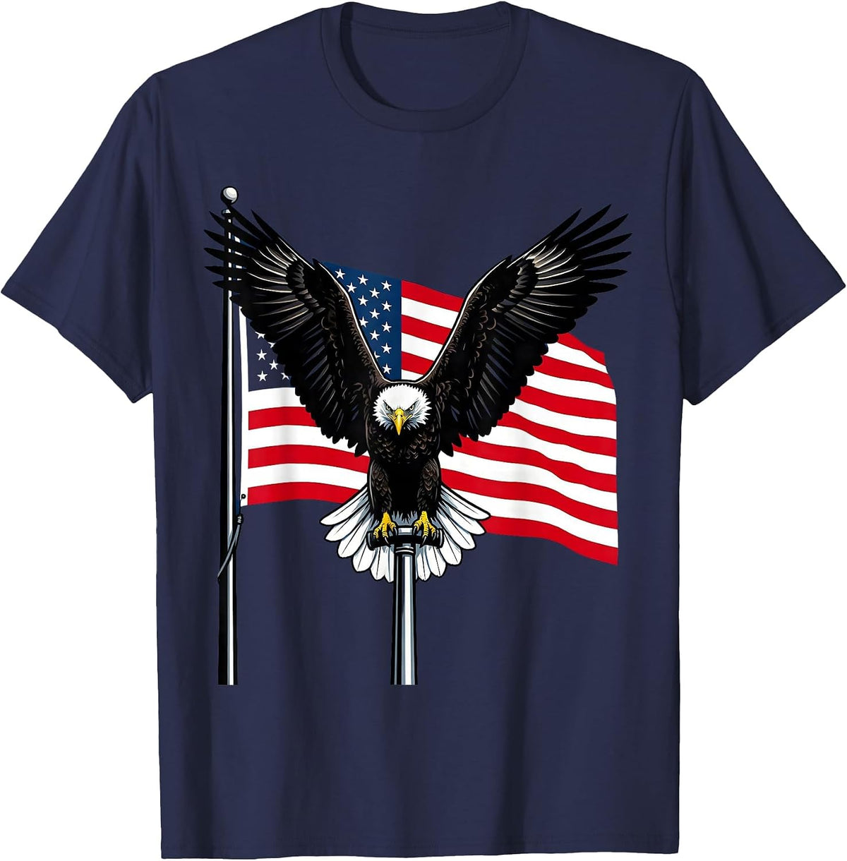 Bold Eagle on American Flag Pole Patriotic Design T-Shirt - Navy Blue