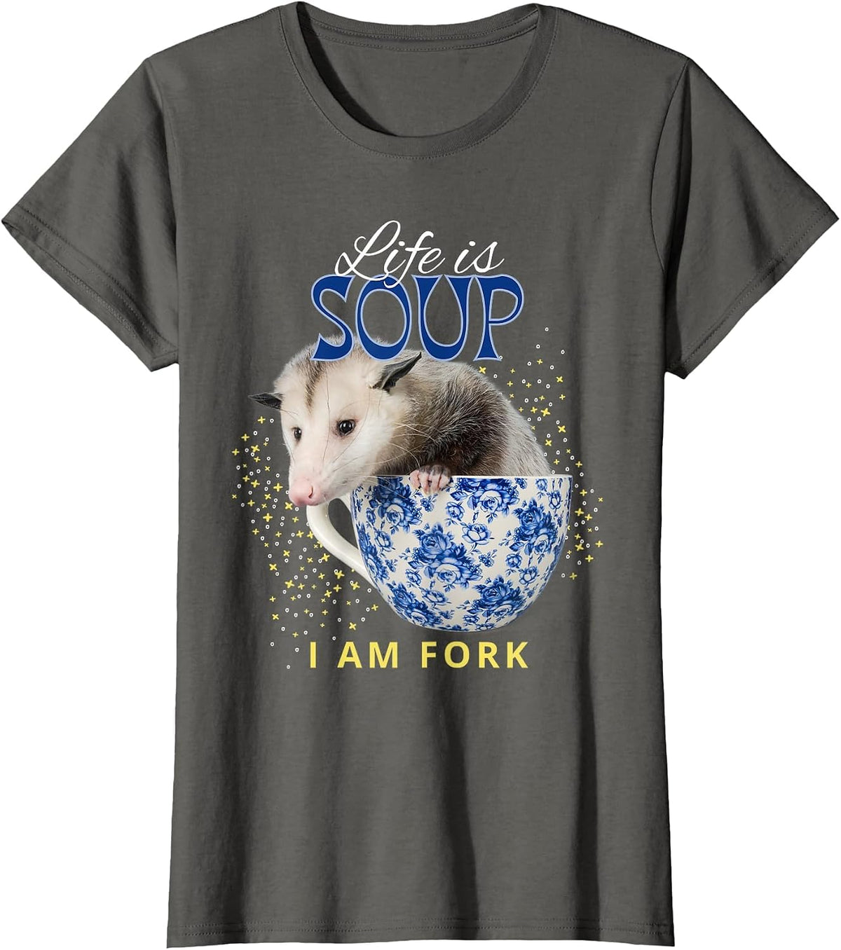 Life is Soup I Am Fork Funny Opossum Mental Health Meme T-Shirt - Asphalt Grey