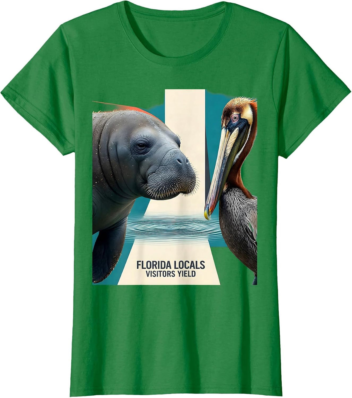 Florida Locals, Visitors Yield Midcentury Modern Manatee T-Shirt - Kelly Green