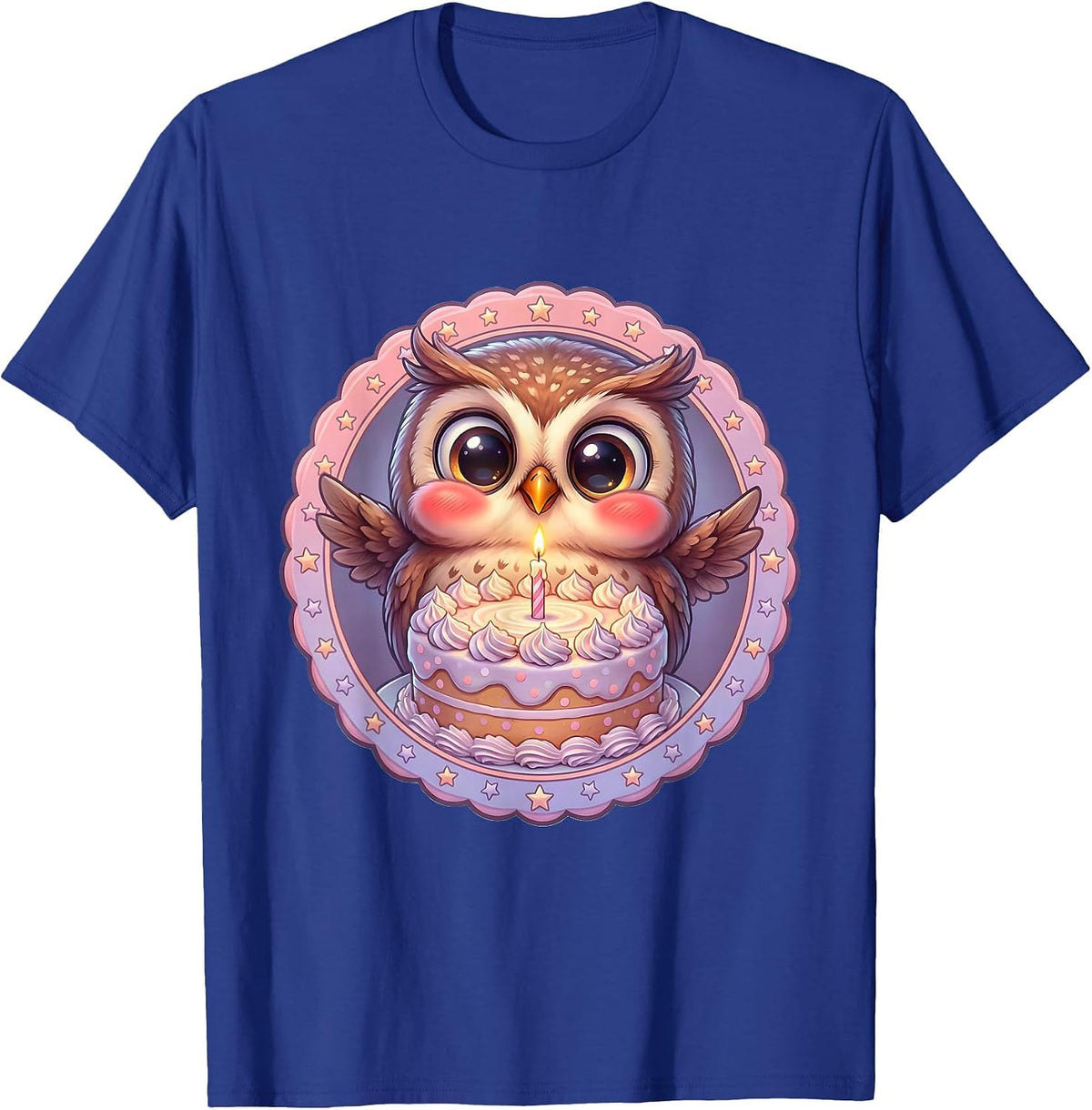 Owl Birthday Cake Candle Celebration Graphic T-Shirt - Royal Blue