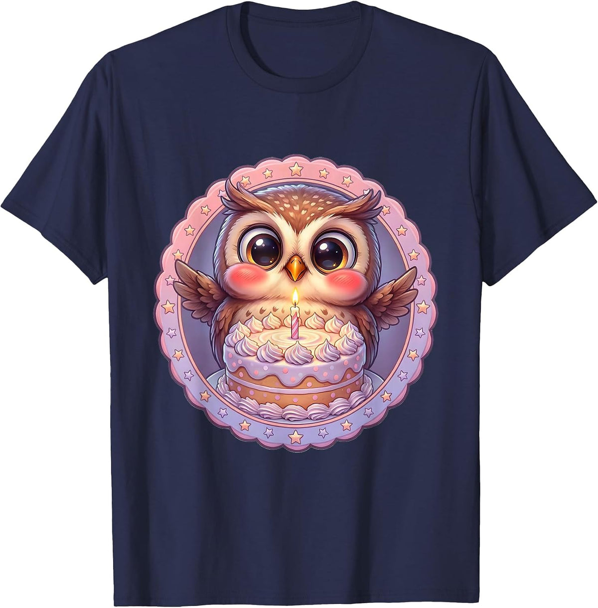 Owl Birthday Cake Candle Celebration Graphic T-Shirt - Navy Blue