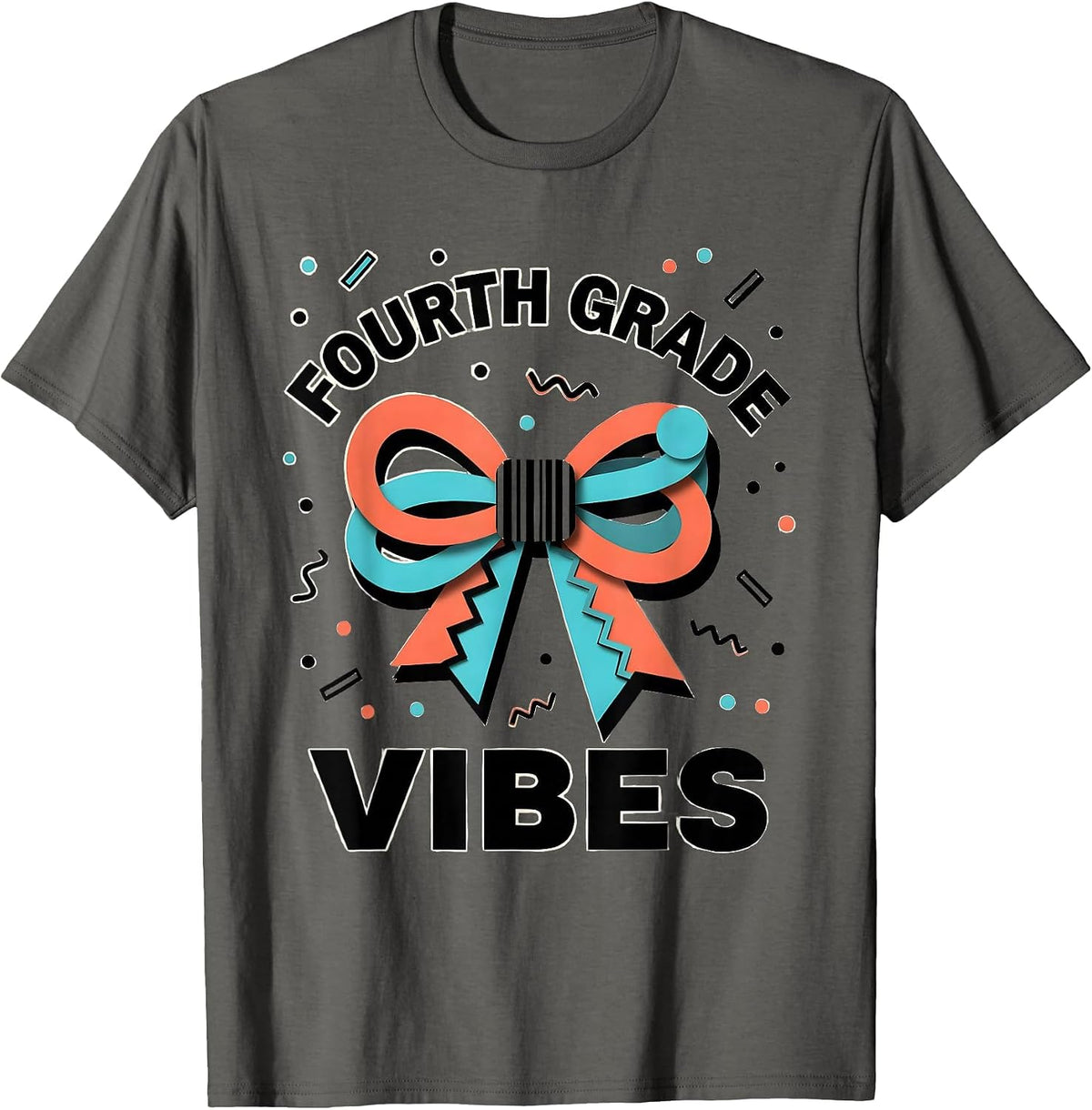 Fourth Grade Vibes Memphis Postmodern Coquette Bow Back T-Shirt - Asphalt Grey