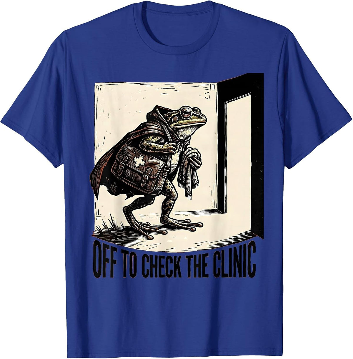 Off To Check The Clinic Linocut Frog Teacher Back to School T-Shirt - Royal Blue