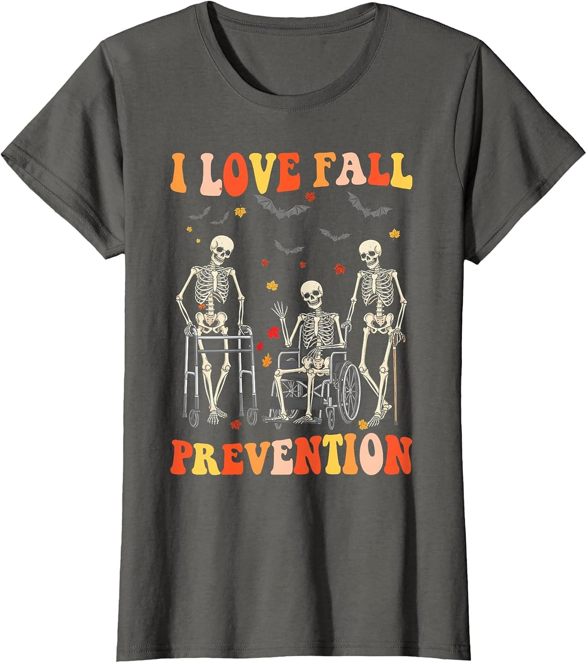 I Love Fall Prevention Physical Therapy Halloween Skeleton T-Shirt - Asphalt Grey