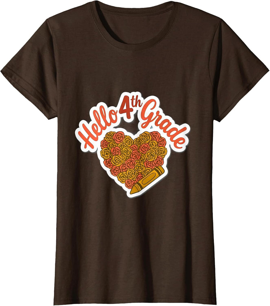 Women's Hello 4th Grade Leopard Heart Kids Back To School T-Shirt - Brown