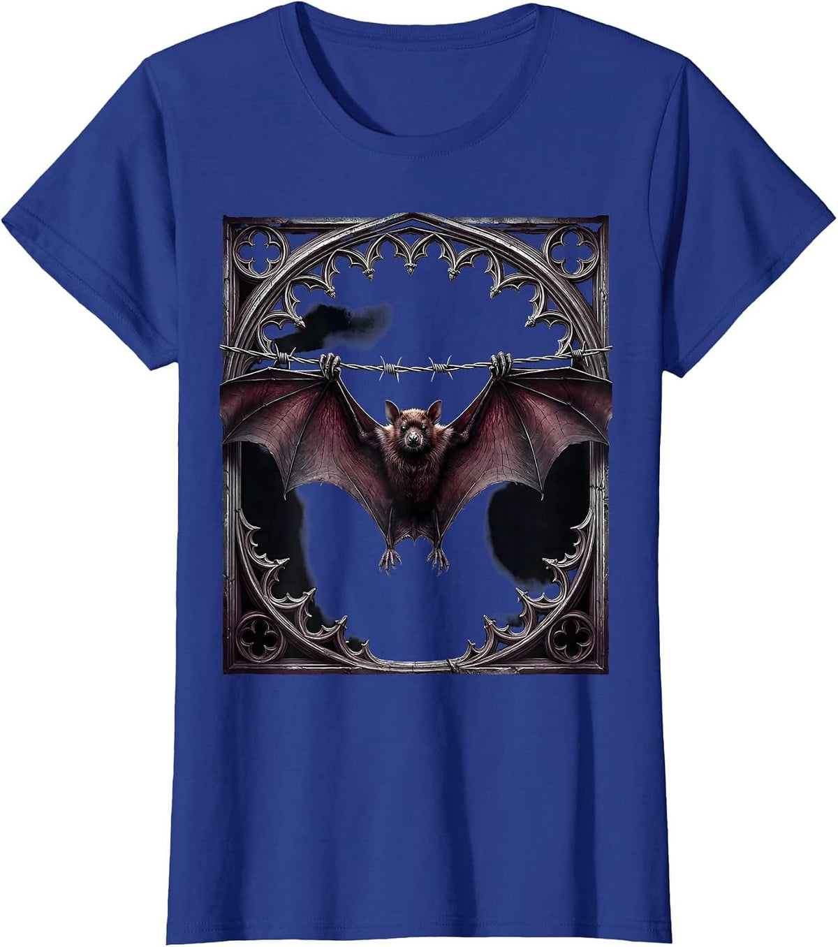 Women's Punk Bat on Barbed Wire Gothic Illustration T-Shirt - Royal Blue