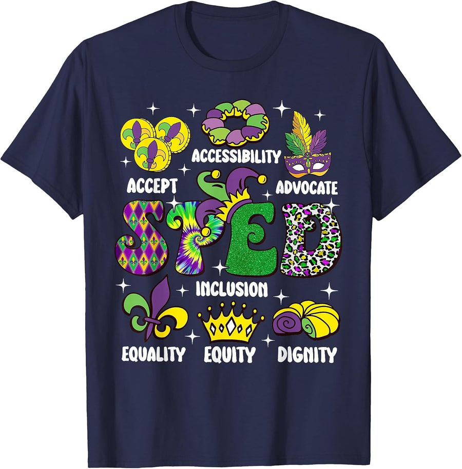 Sped Teacher Mardi Gras New Orleans Teacher Appreciation T-Shirt - Navy Blue