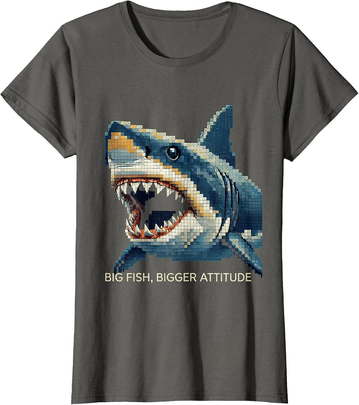 Women's Big Fish Bigger Attitude Bold Shark Design T-Shirt - Asphalt Grey