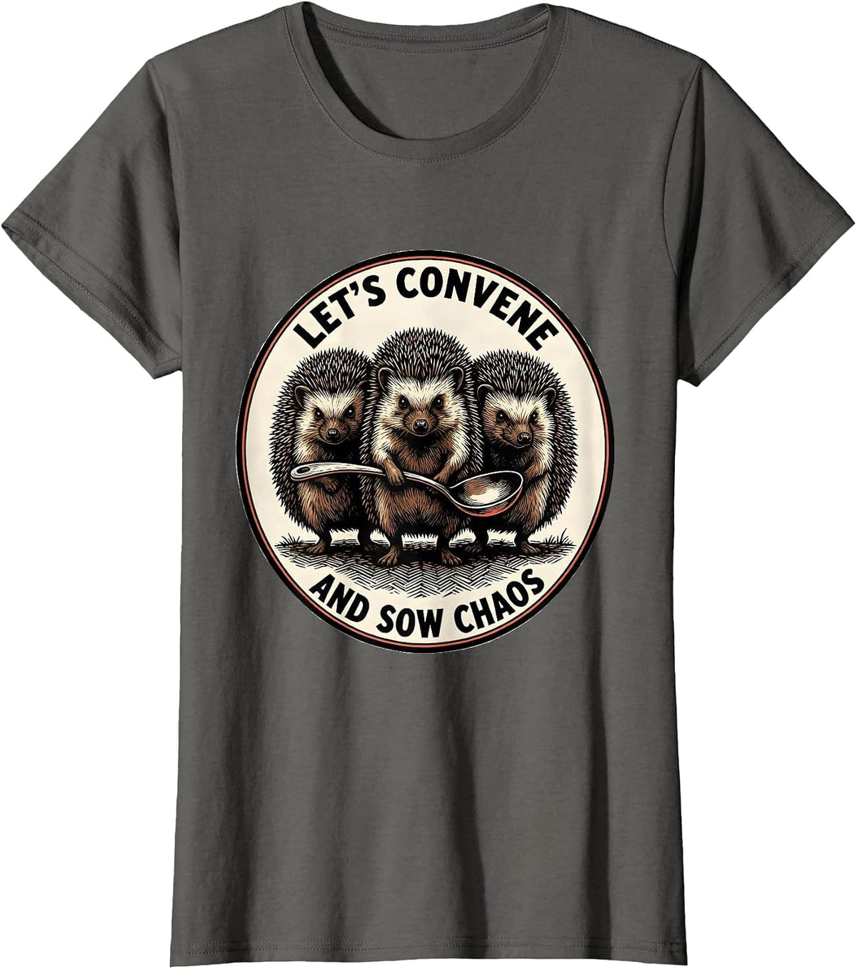 Women's Let's Convene And Sow Chaos Funny Hedgehog Absurdist Humor T-Shirt - Asphalt Grey