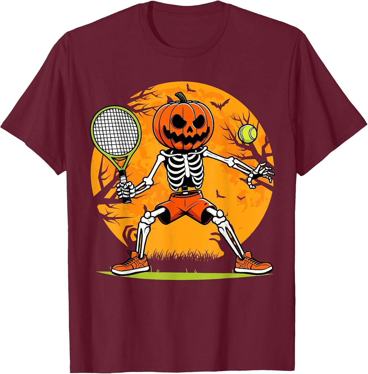 Halloween Tennis Pumpkin Head Skeleton Tennis Halloween T-Shirt - Burgundy