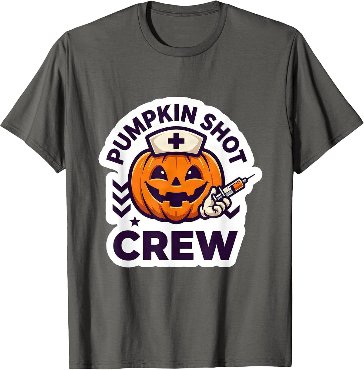 Men's Pumpkin Shot Crew Funny Nurse Halloween Flu Shot Squad T-Shirt - Asphalt Grey
