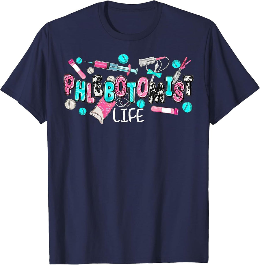 Phlebotomist Life Leopard Coquette Phlebotomy Women Nurse T-Shirt - Navy Blue