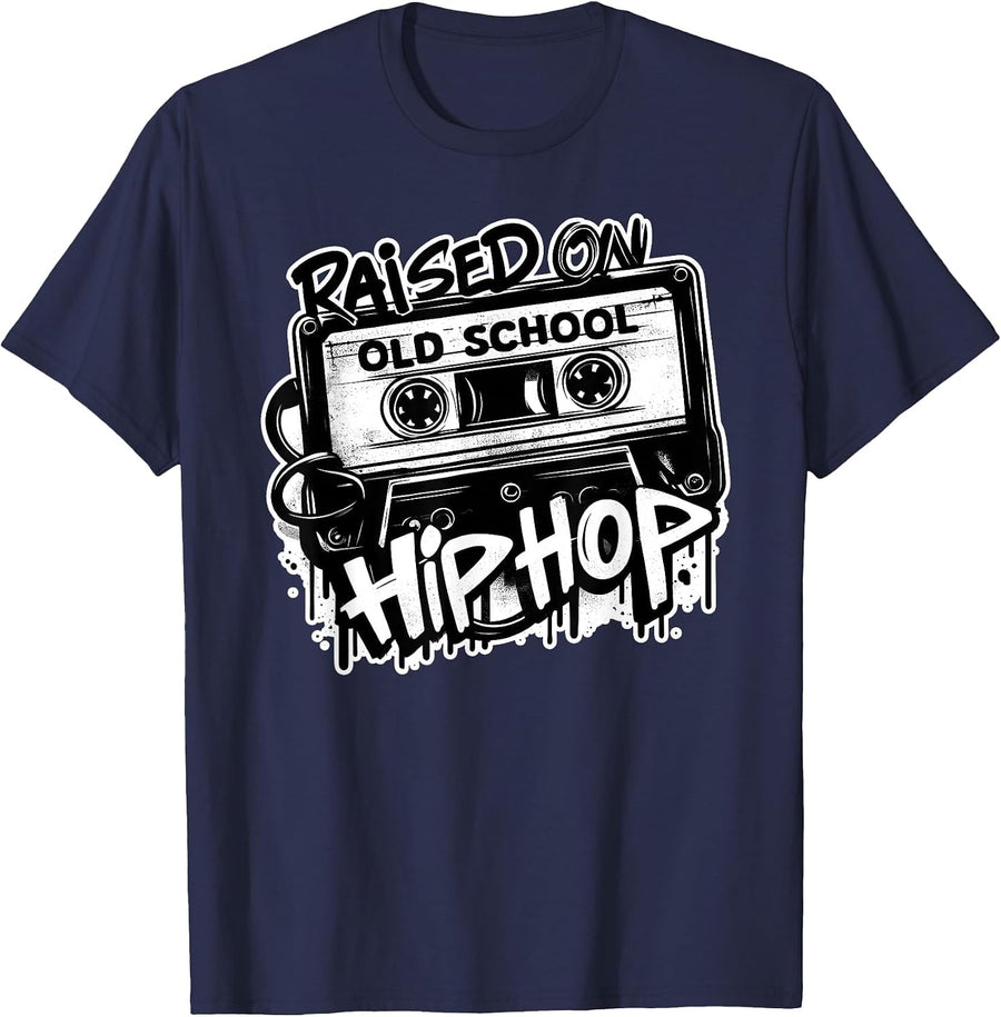 Raised ON Old School Hip HOP 80s 90s Cassette Graffiti T-Shirt - Navy Blue