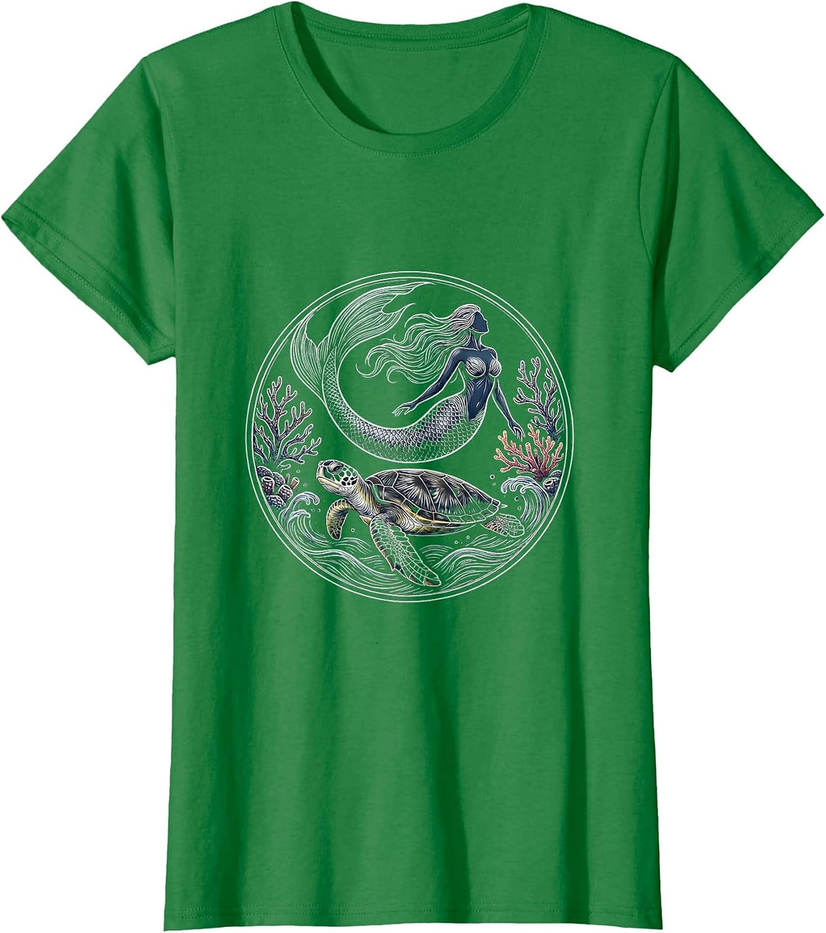 Women's Mermaid and Sea Turtle Ocean Swimming Graphic T-Shirt - Kelly Green