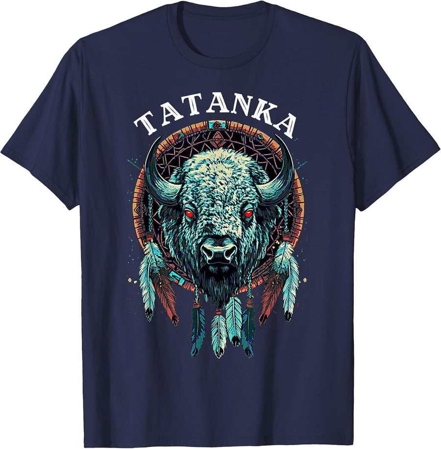 Native American Style White Buffalo Dream Catcher Tatanka T-Shirt - Navy Blue