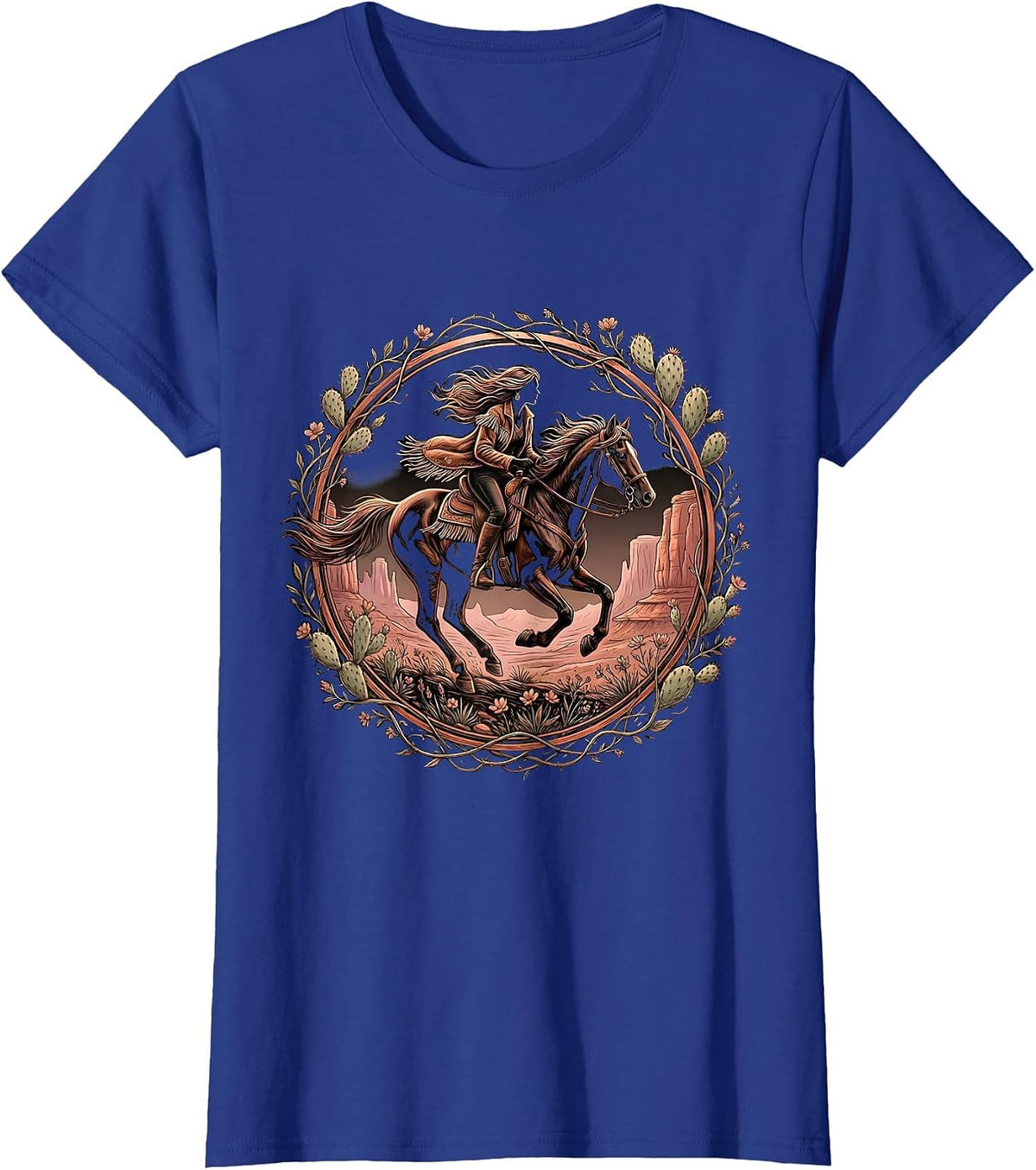 Women's Horseback Rider Canyon Dust Western Graphic T-Shirt - Royal Blue