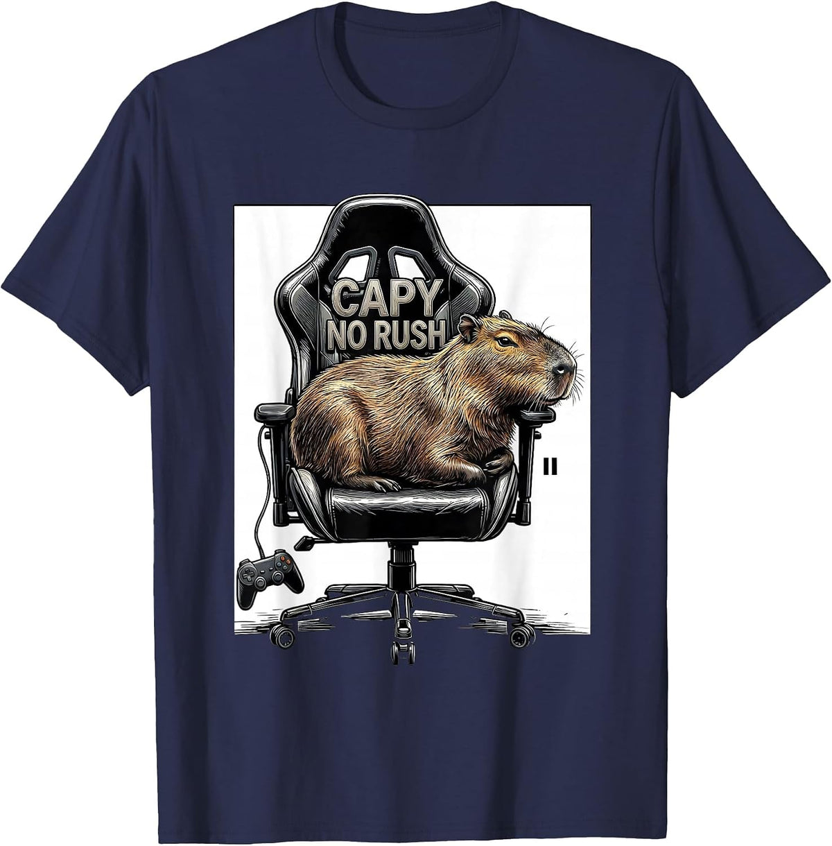 Men's Capy No Rush Funny Capybara Gamer Gaming Humor T-Shirt - Navy Blue