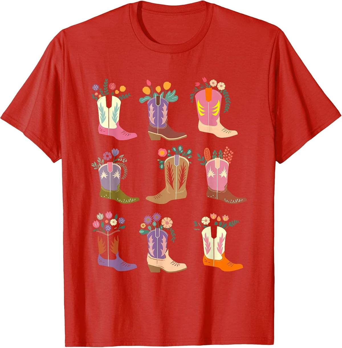 Floral Cowgirl Boots Western Rodeo Country Equestrian T-Shirt - Red