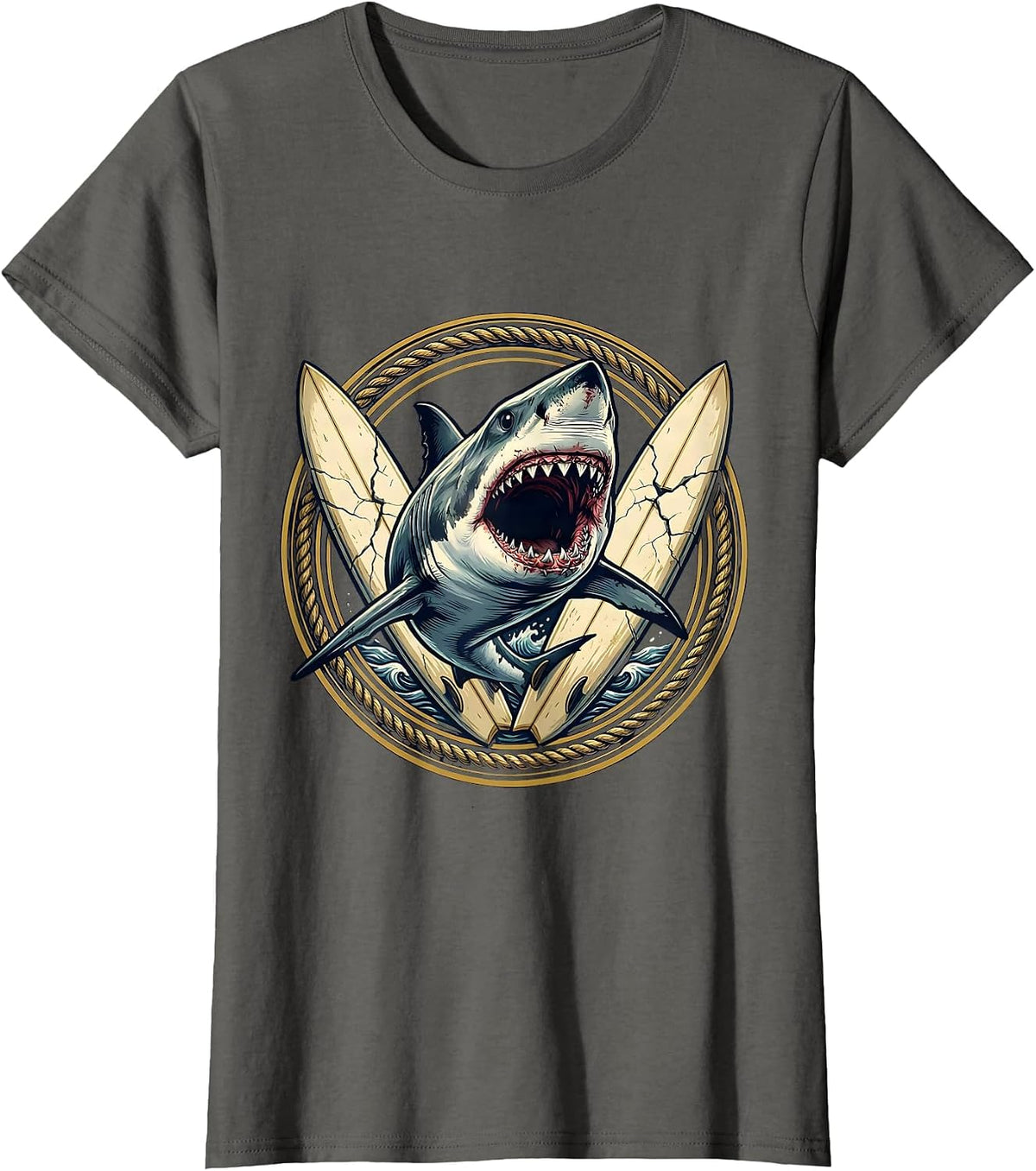 Women's Shark Bursting Through Vintage Surfboard Graphic T-Shirt - Asphalt Grey