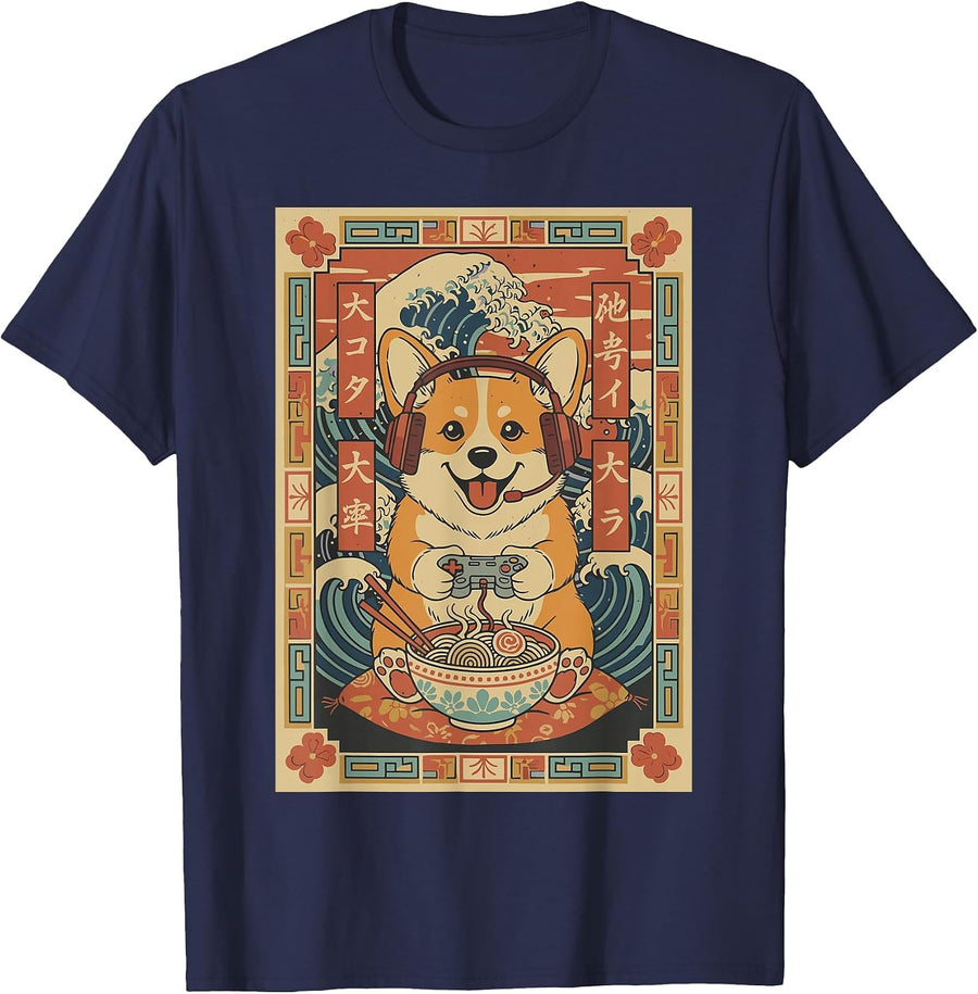 Cute Kawaii Gamer Corgi Dog Japanese Ramen Gaming Boys Kids T-Shirt - Navy Blue