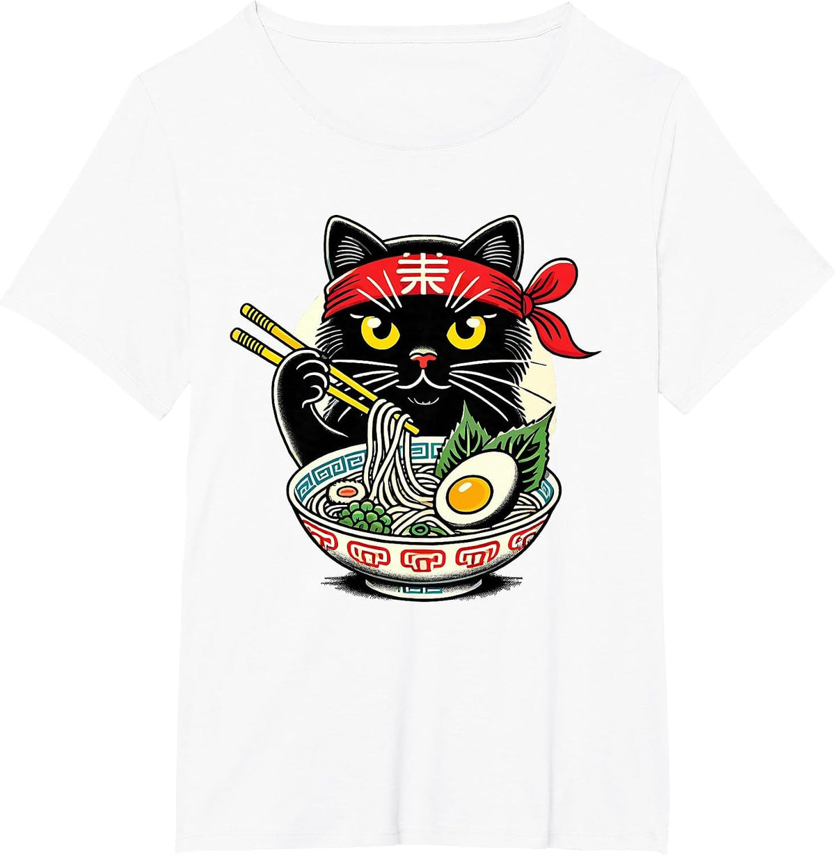 Cat Eating Ramen Noodles, Japanese Anime & Kawaii, Black Cat T-Shirt - White