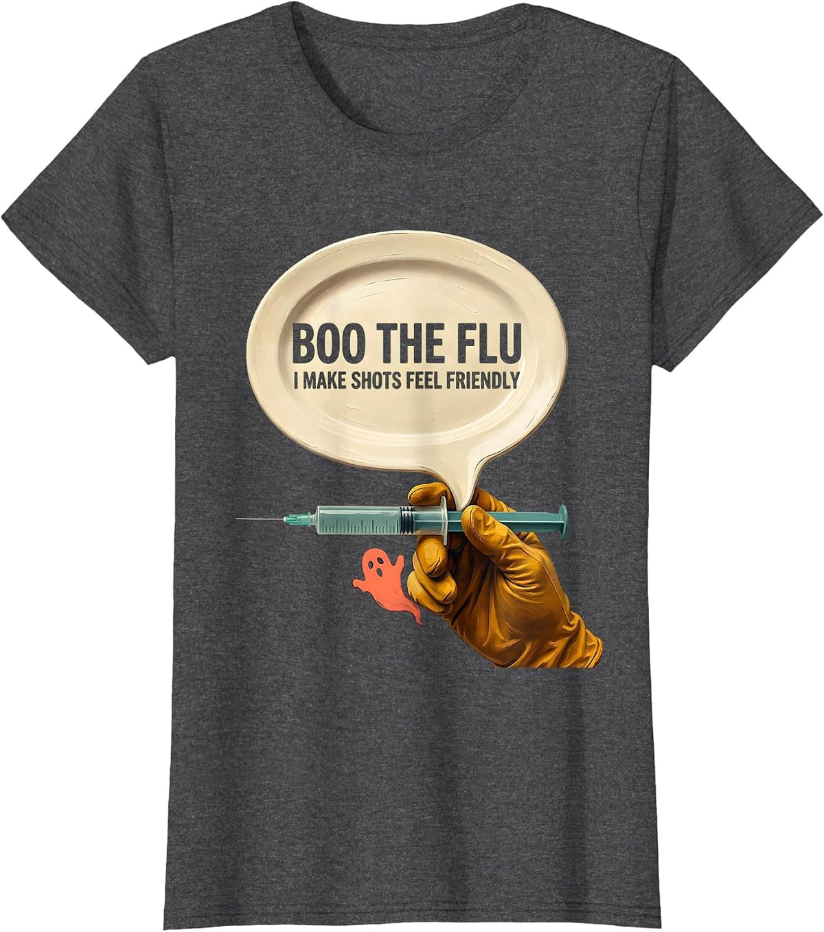 Women's Boo the Flu, I Make Shots Feel Friendly Funny Nurse T-Shirt - Dark Heather Grey