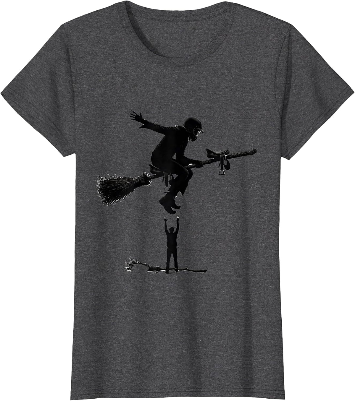 Women's Flying Broom Firefighter Halloween Occupation Humor T-Shirt - Dark Heather Grey