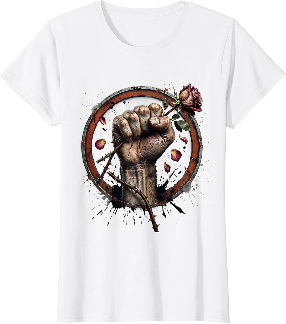 Angry Fist Crushing Rose Graphic Design T-Shirt - White