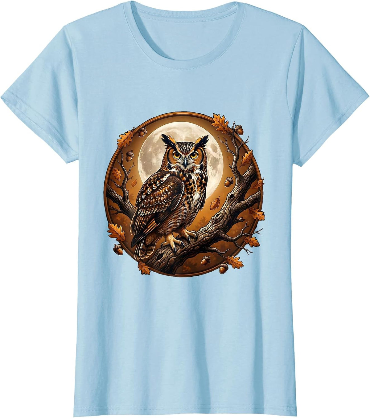 Women's Owl on Branch Full Moon Fall Night Illustration T-Shirt - Baby Blue