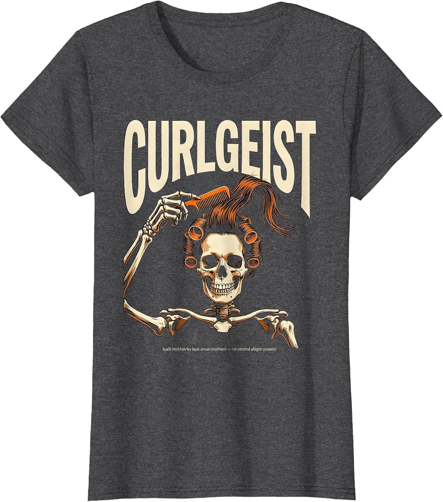Women's Curlgeist Funny Skeleton Hairstylist Barber Halloween T-Shirt - Dark Heather Grey