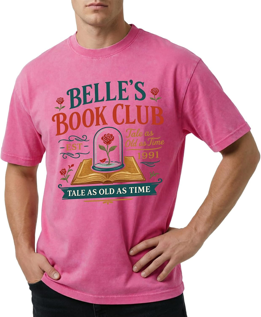 Bea's Book Club Story as Old as Time Men's Vintage Acid Wash T-Shirt Cotton Crew Neck Retro Casual Tee - Pink