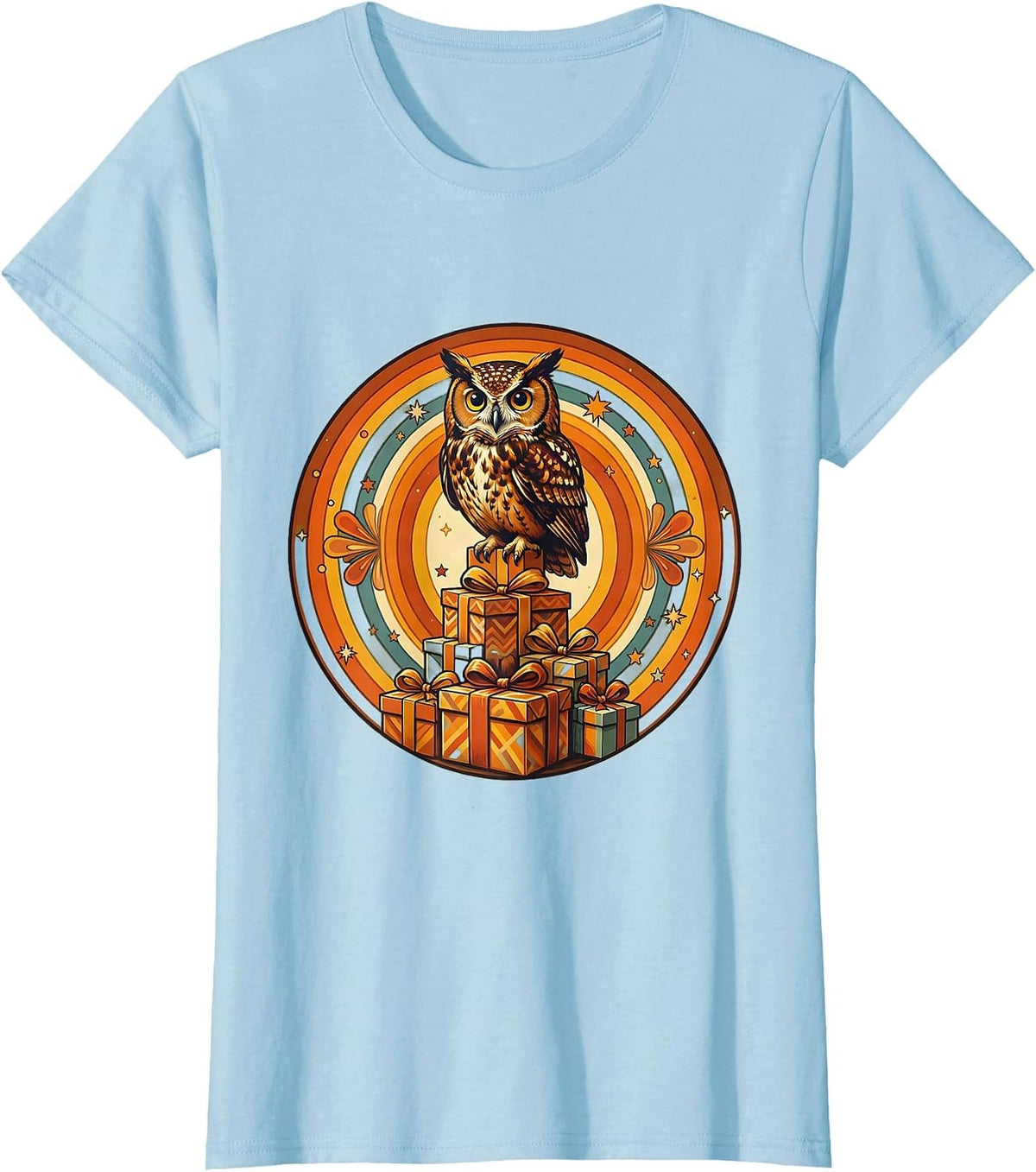 Women's Owl on Birthday Gifts Stack Illustration T-Shirt - Baby Blue
