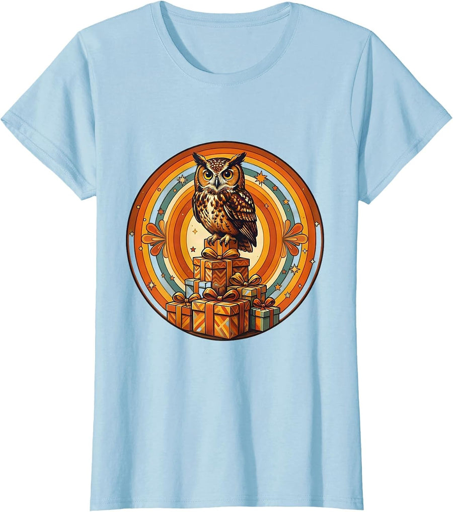 Women's Owl on Birthday Gifts Stack Illustration T-Shirt - Baby Blue