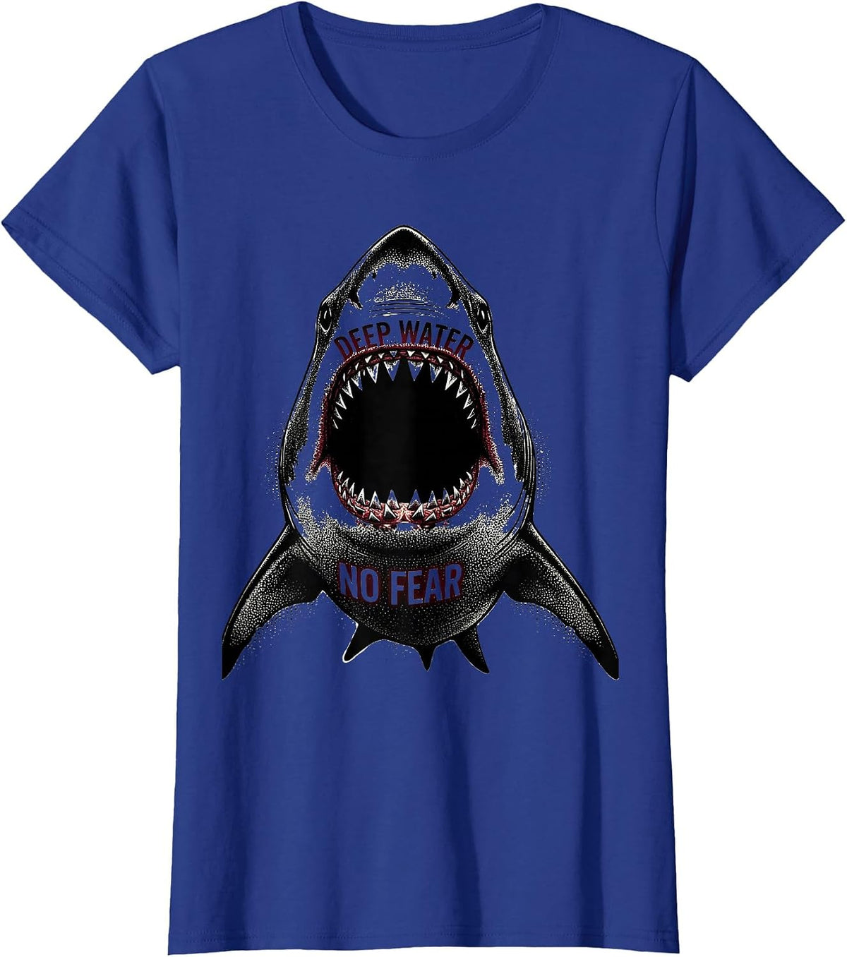 Women's Deep Water No Fear Bold Shark Design T-Shirt - Royal Blue