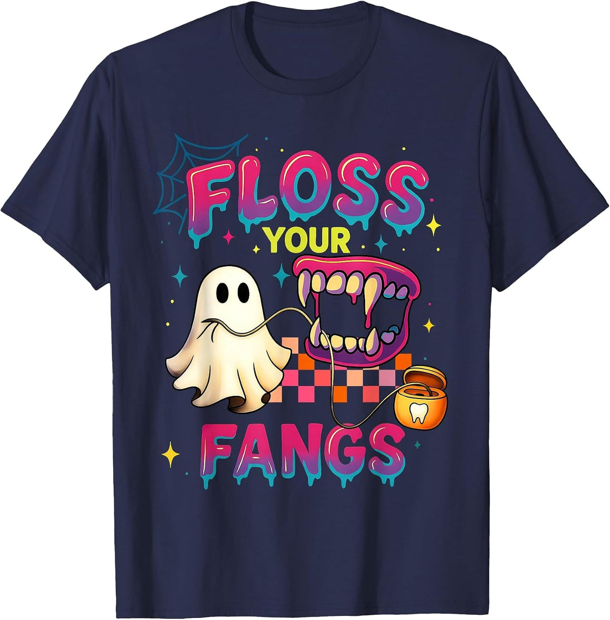 Floss Your Fangs Spooky Dentist Funny Boo Dental Halloween T-Shirt - Navy Blue