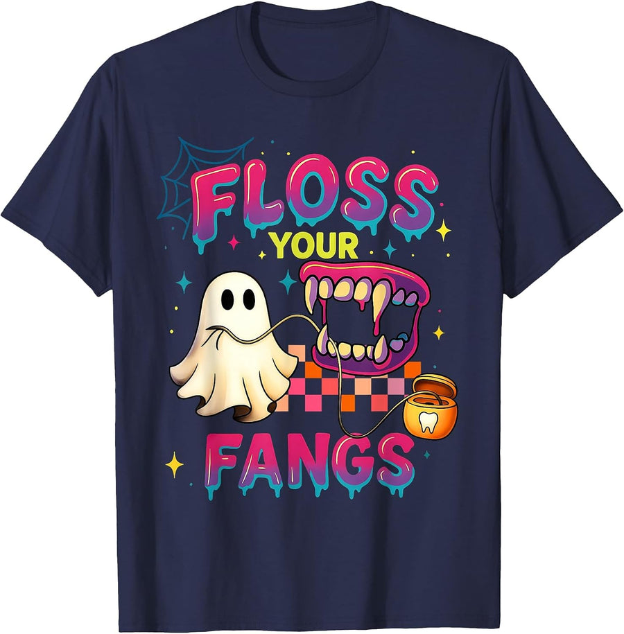 Floss Your Fangs Spooky Dentist Funny Boo Dental Halloween T-Shirt - Navy Blue