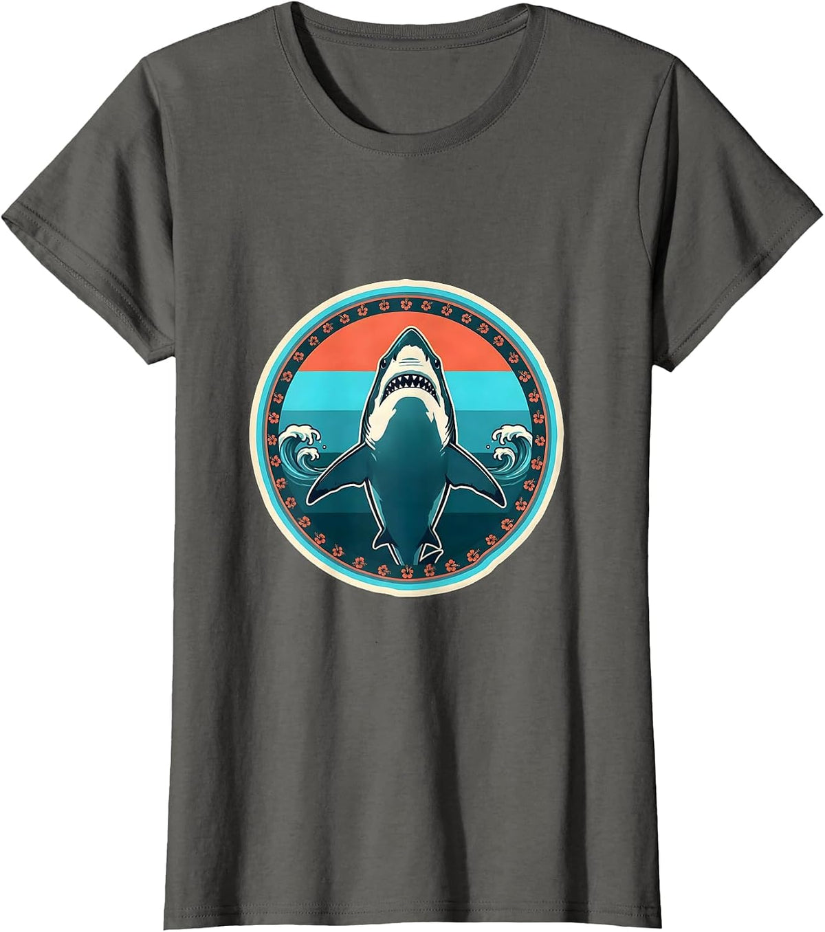 Women's Great White Shark Ocean Silhouette Hawaiian Design T-Shirt - Asphalt Grey
