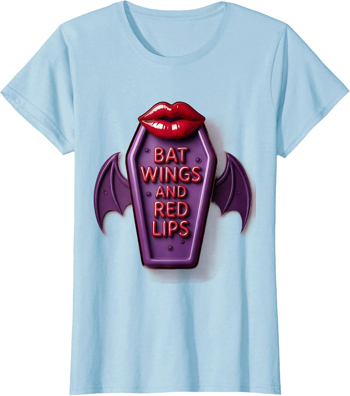 Women's Bat Wings and Red Lips Goth Aesthetic Design T-Shirt - Baby Blue